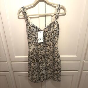 ZARA‎ Snakeskin Print Mini Dress Strappy Sweetheart Neckline Black White XS